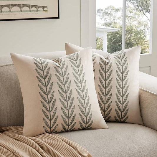 100% Cotton Farmhouse Leaves Throw Pillow Covers Set of 2, 22x22 Inch Green by Unknown