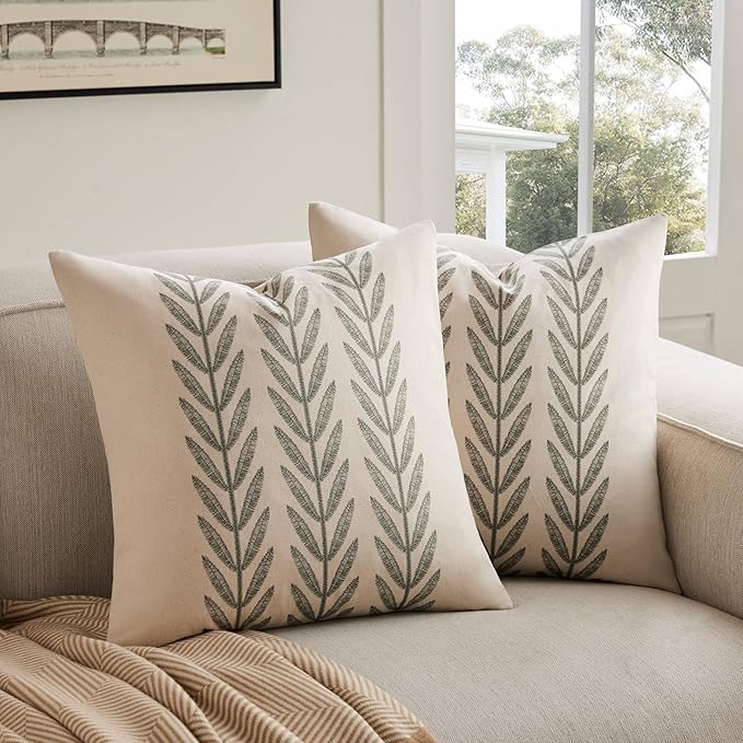 100% Cotton Farmhouse Leaves Throw Pillow Covers Set of 2, 24x24 Inch Green by Unknown