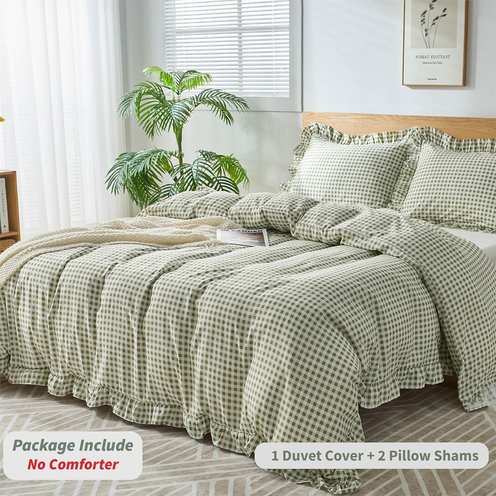 Gingham Duvet Cover Queen Size, 3 Pieces Soft Breathable Microfiber Plaid Duv...