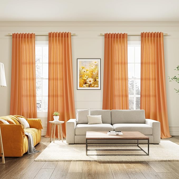 Nanspring Orange Boho Curtains for Bedroom Back Tab Rod Pocket Semi Sheer Linen - Image 7