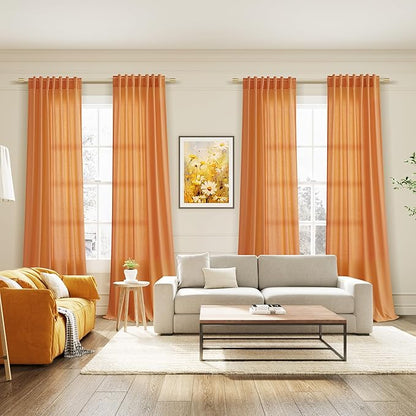 Nanspring Orange Boho Curtains for Bedroom Back Tab Rod Pocket Semi Sheer Linen - Image 7