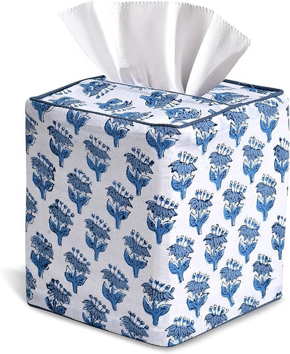 CPC Apatite Blue Hand Block Printed Cotton Tissue Box Cover 5" x 5" x 5.5" by COTTONPRINTCLUB