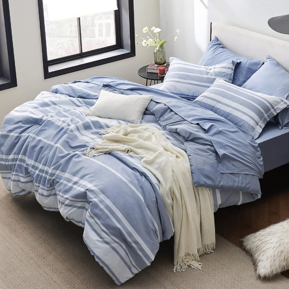 Bedsure Full Comforter Set 7 Pc, Blue Striped, Reversible, All-Season