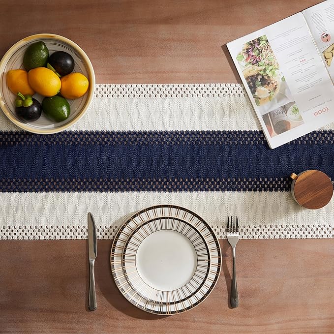 ZeeMart Macrame Style Bicolor Stitching Table Runner, 14 x 72 Inch Navy - Image 4