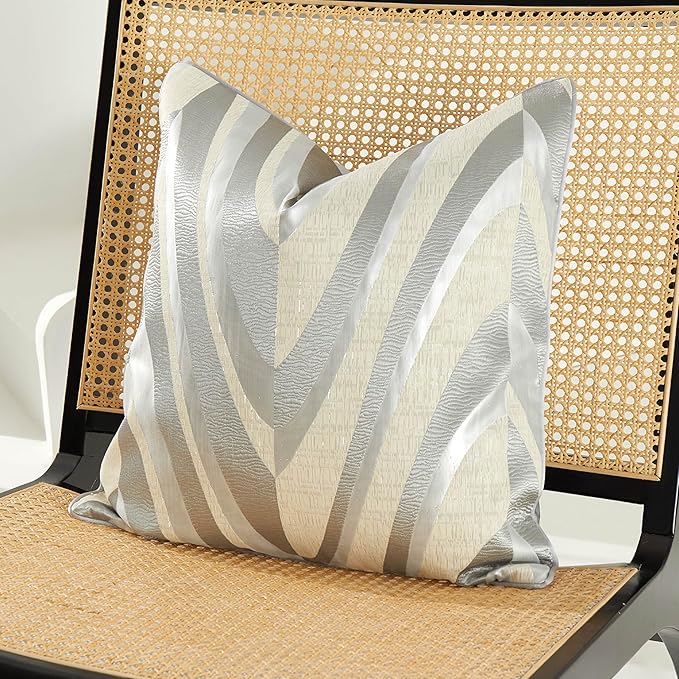 THE-TINOART Grey and Beige Jacquard V Striped Throw Pillow Cover 20x20 Inch - Image 3