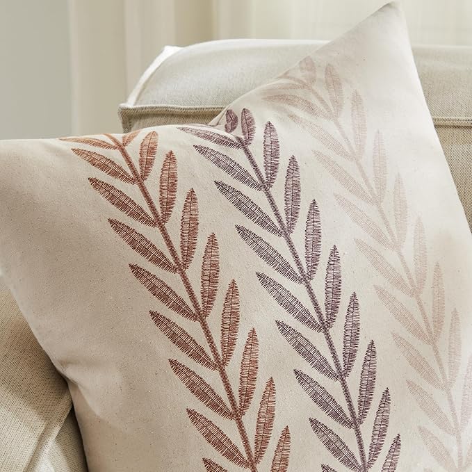 100% Cotton Farmhouse Leaves Throw Pillow Covers Set of 2, 16x16 Inch Mixed - Image 2