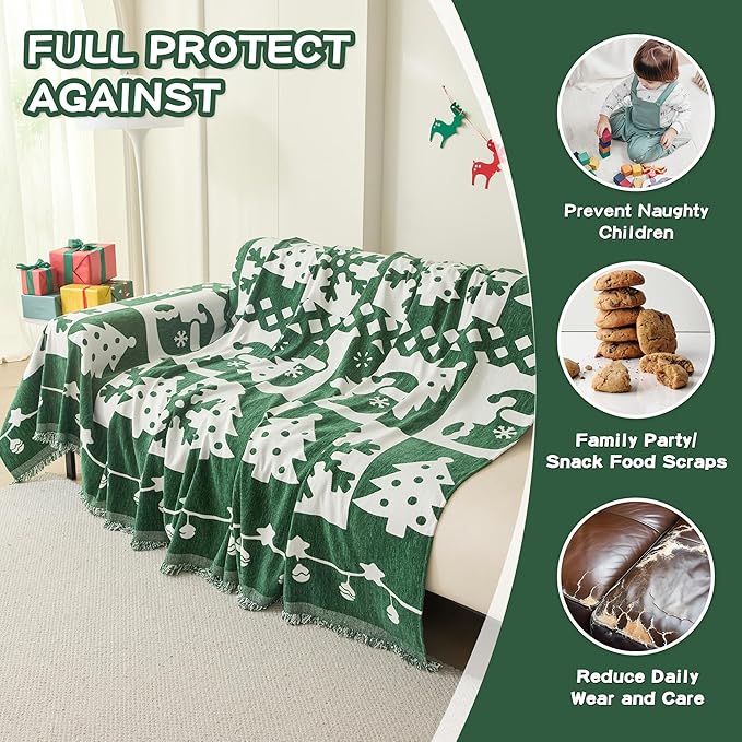 MEETSKY Christmas Couch Cover for Sectional Sofa, Chenille Loveseat Green Sofa - Image 5