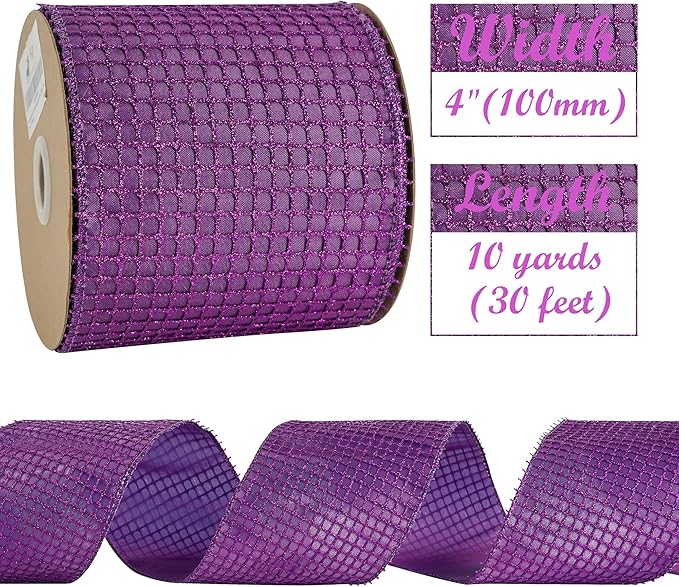 HUIHUANG Purple Christmas Wired Ribbon 4 inch Square Mesh Netting Wired Ribbon - Image 2
