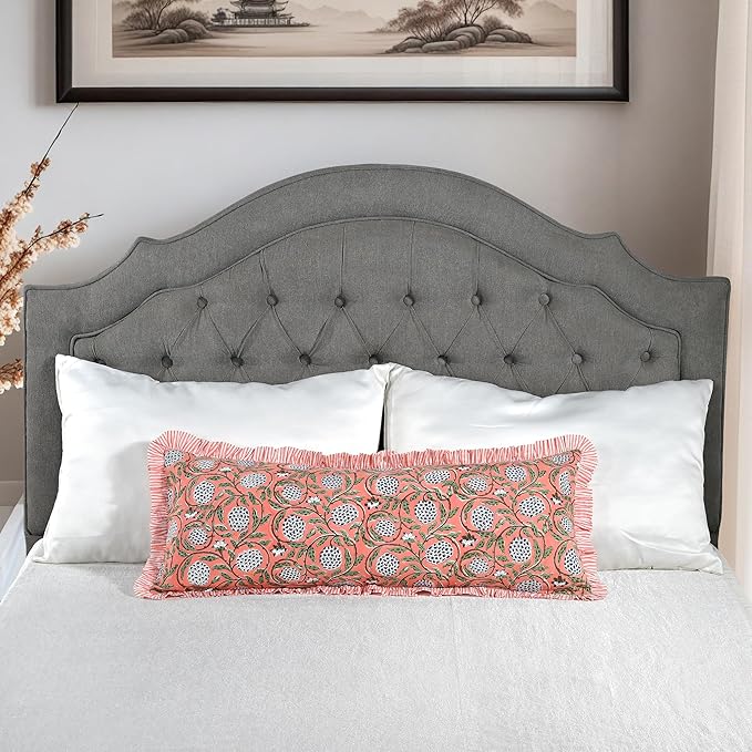 Ridhi Dark Salmon Pink 100% Cotton Block Print Ruffle Lumbar Sham Cover - Image 3