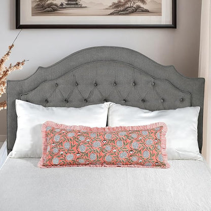 Ridhi Dark Salmon Pink 100% Cotton Block Print Ruffle Lumbar Sham Cover - Image 3