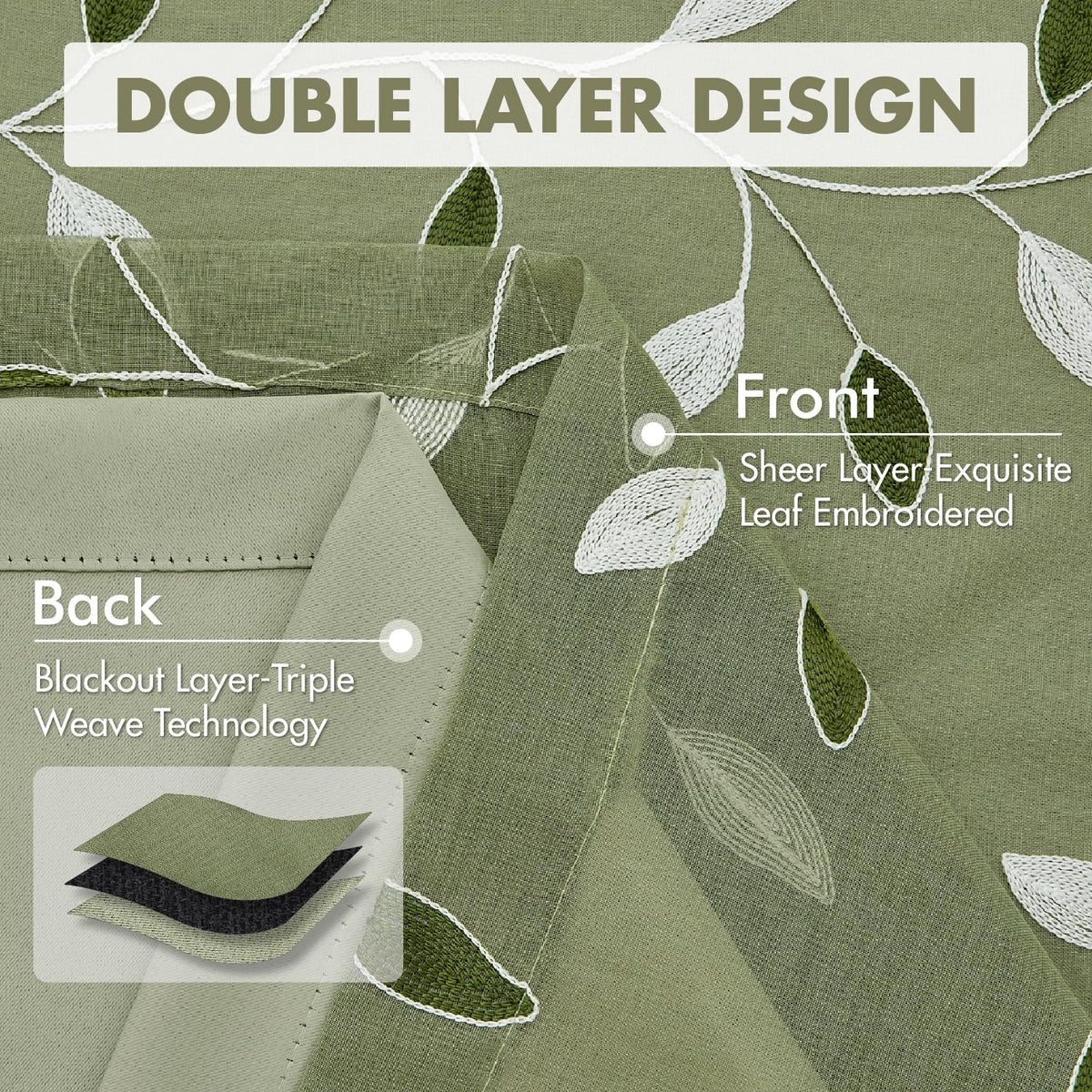 miulee sage green double layer patterned blackout curtains, side view