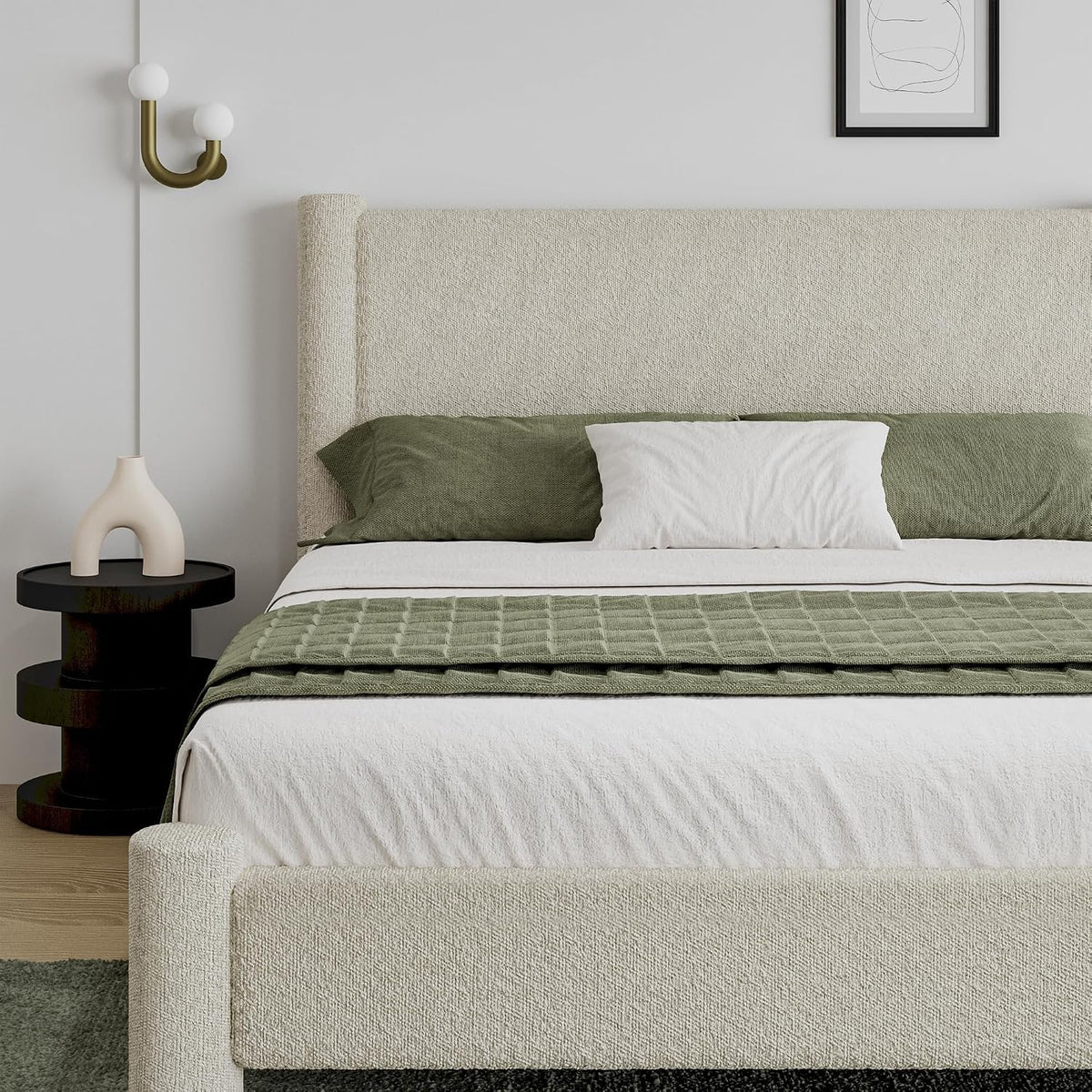 revominca queen cloud bed frame, boucle upholstered platform, close-up detail