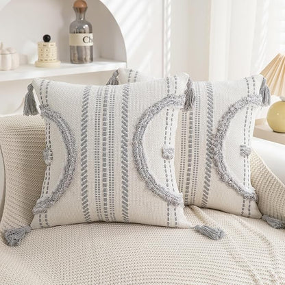 Boho Throw Pillow Covers 18x18 Set of 2 Cotton Woven Tufted Farmhouse Pillows by PLEPATE