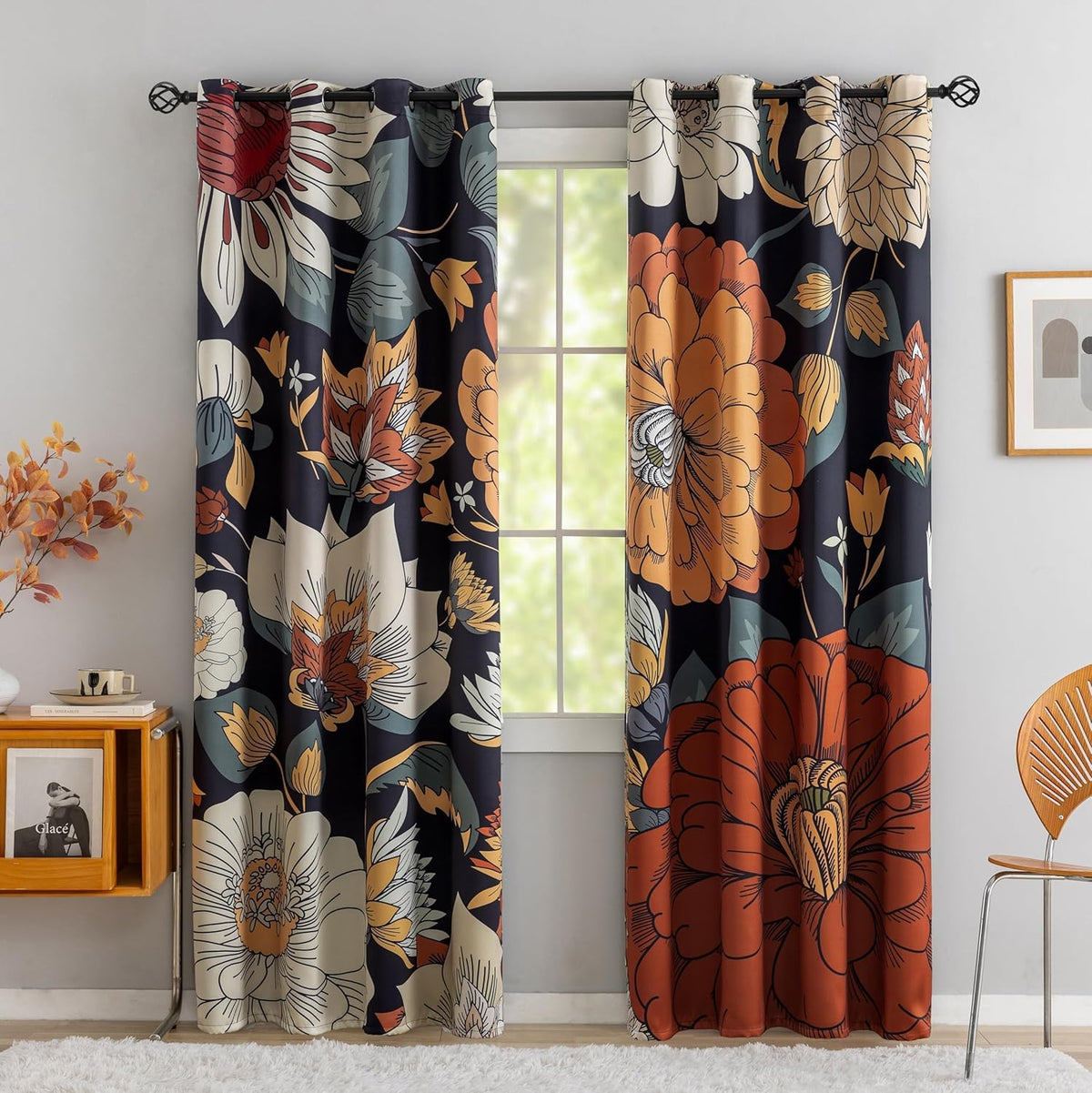 tyrot black boho floral grommet blackout curtains, 52w, main product view