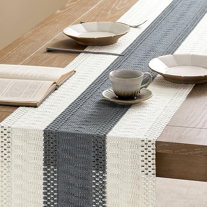 ZeeMart Macrame Style Bicolor Stitching Table Runner, 14 x 90 Inch - Image 4