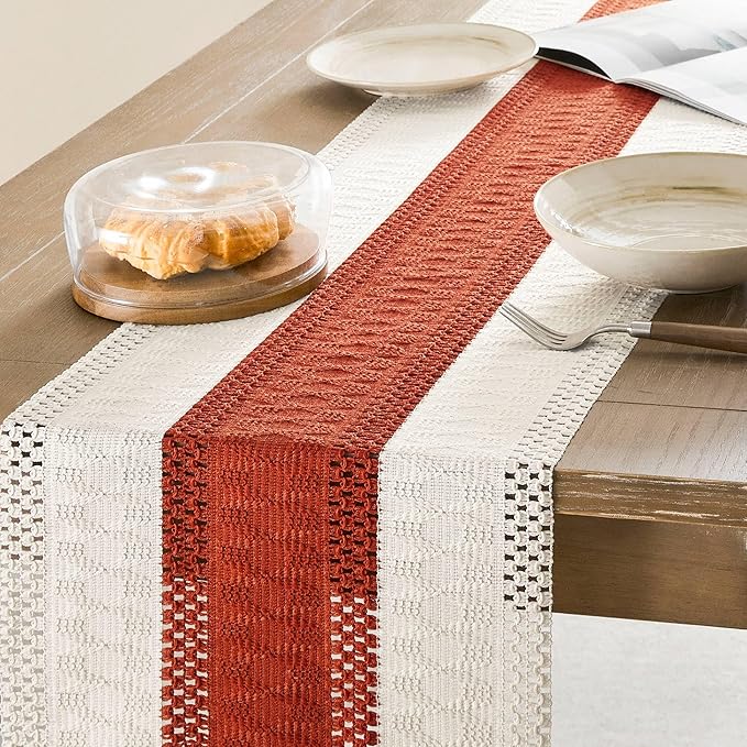 ZeeMart Macrame Style Bicolor Stitching Table Runner, 14 x 90 Inch Orange/Ivory - Image 4