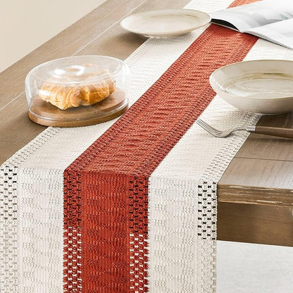 ZeeMart Macrame Style Bicolor Stitching Table Runner, 14 x 108 Inch Orange/Ivory - Image 4