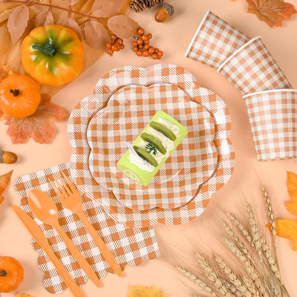 400 Pcs Orange Gingham Party Supplies for 50 Guests Orange and White Scalloped Paper Plates Napkin Cup & Cutlery Disposable Checkered Dinner Party Set for Thanksgiving, Halloween, Fall Wedding