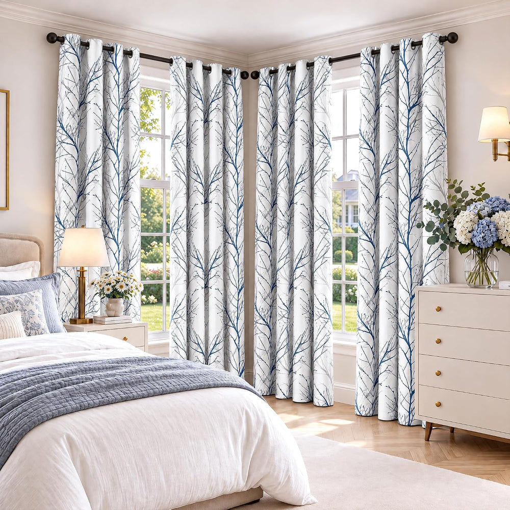 FMFUNCTEX 100% Blackout Blue Grey Tree Branch Curtains 63 Inch 2 Panels