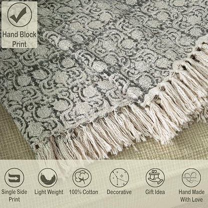 100% Pure Cotton Handblock Printed Throw Blanket, Soft 50" x 60" Fringed Floral - Image 2