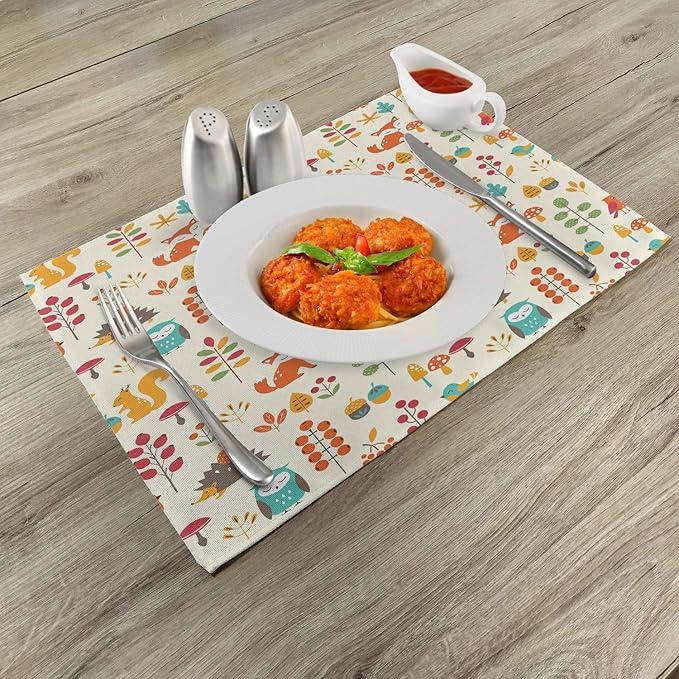 Ambesonne Cartoon Place Mats Set of 4, Autumn Pattern Owl Fox Squirrel Birds - Image 2