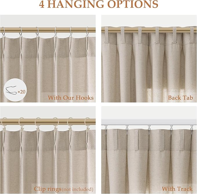 Light Brown Pinch Pleat Linen Curtains 96 Inch Length 2 Panels Set - Image 2