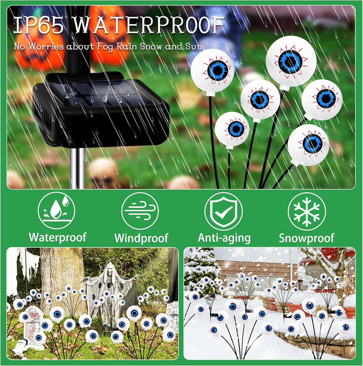 Kohlrabi Halloween Decorations Outdoor, 4 Pack 24 LED Solar Scary Eyeball Swaying Lights, Green Solar Firefly Lights Waterproof Outdoor Garden Light for Halloween Yard Garden Lawn Party Flower Bed