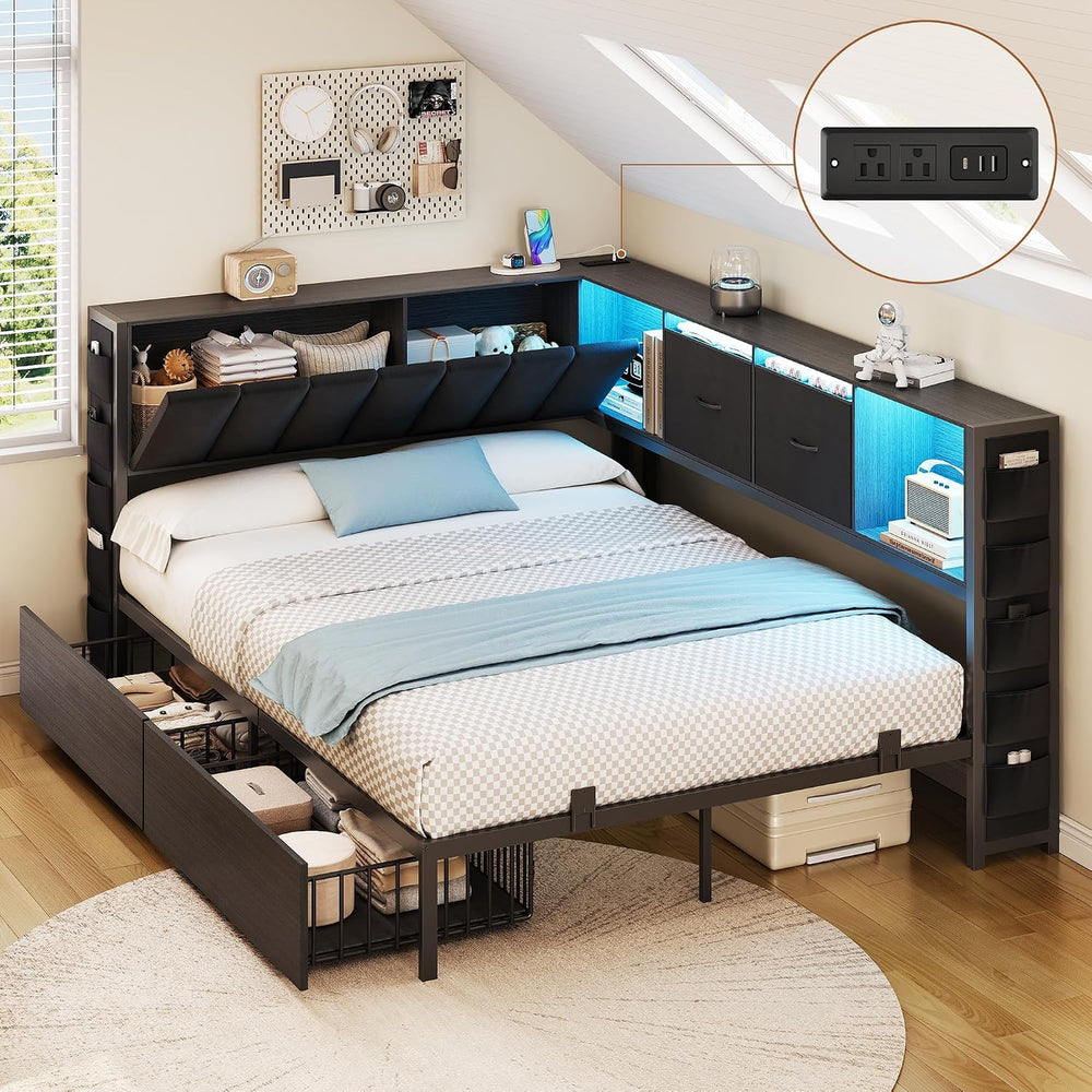 Full Corner Bed Frame with Upholstered Storage Headboard and Drawers, Metal P...