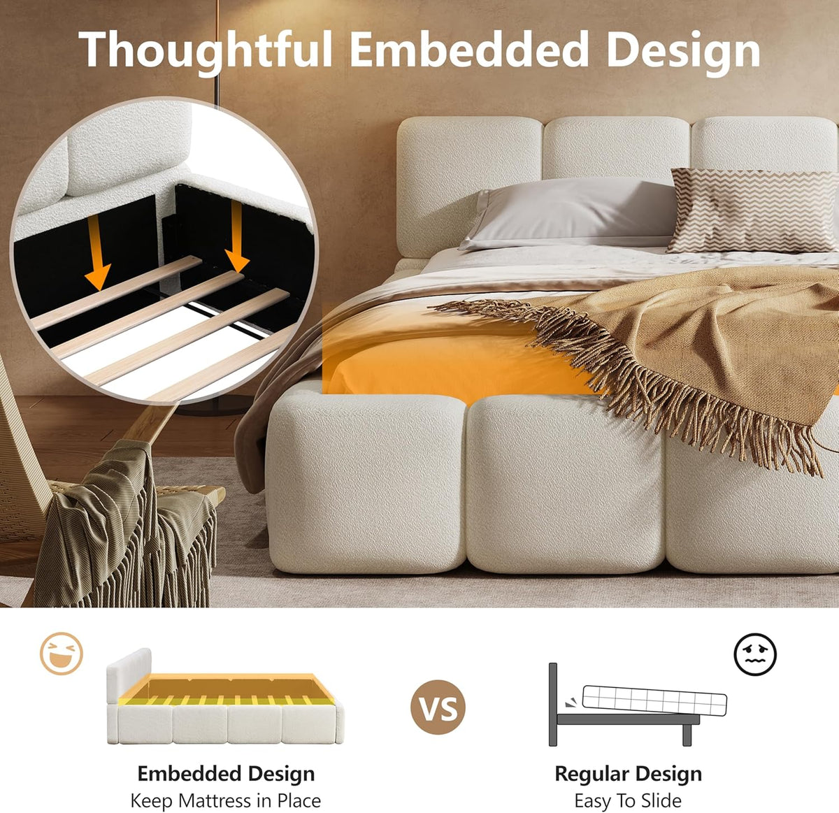 merax king boucle platform bed with thick headboard showing dimensions