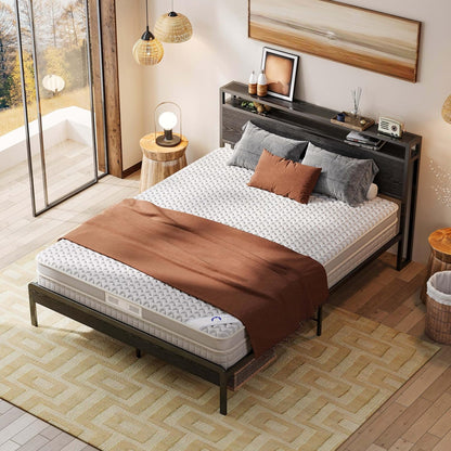 likimio queen bed frame with 2-tier storage shelf showing dimensions