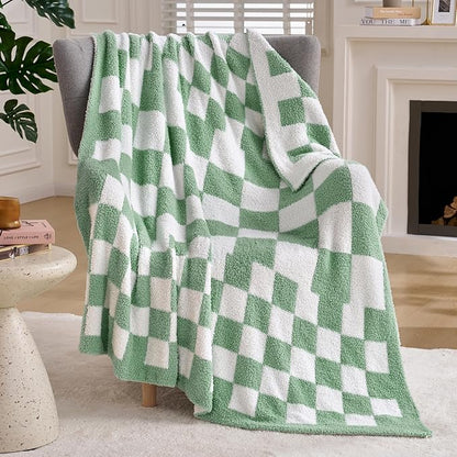 Joiedomi Throw Blanket for Couch, Sage Green Checkered Knitted Blankets Gifts by Joiedomi