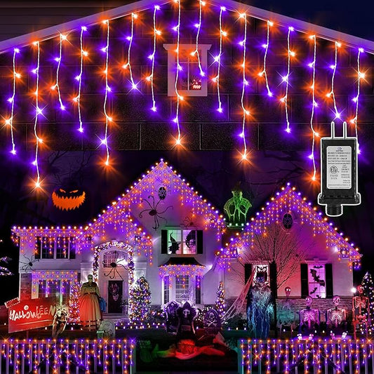 KNONEW 99FT 1216 LED Halloween Lights Decortation Orange Purple String Lights Outdoor with 228 Drops, 8 Lighting Modes, Timer Memory Function Hanging Curtain Lights for Halloween Party Decor