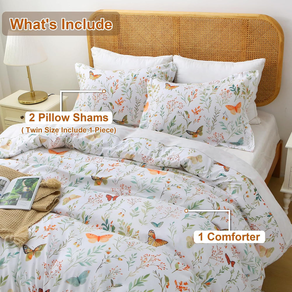 Mooreeke Floral Queen Size Comforter Sets, Butterfly and Botanical Patterned ...