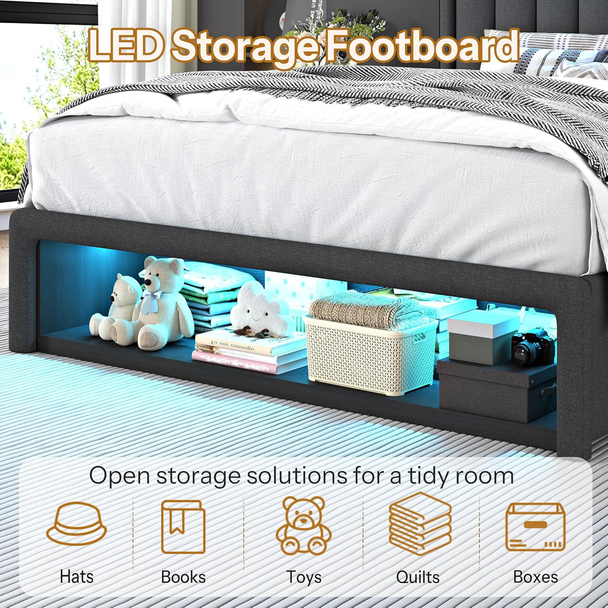 queen size bed frame with upholstered wingback headboard showing dimensions