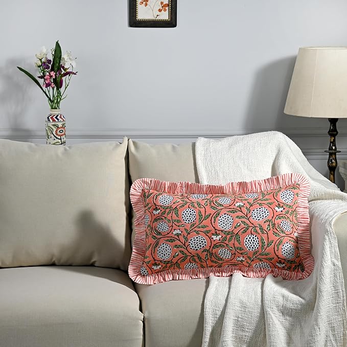 Ridhi Dark Salmon Pink 100% Cotton Block Print Ruffle Lumbar Sham Cover - Image 2