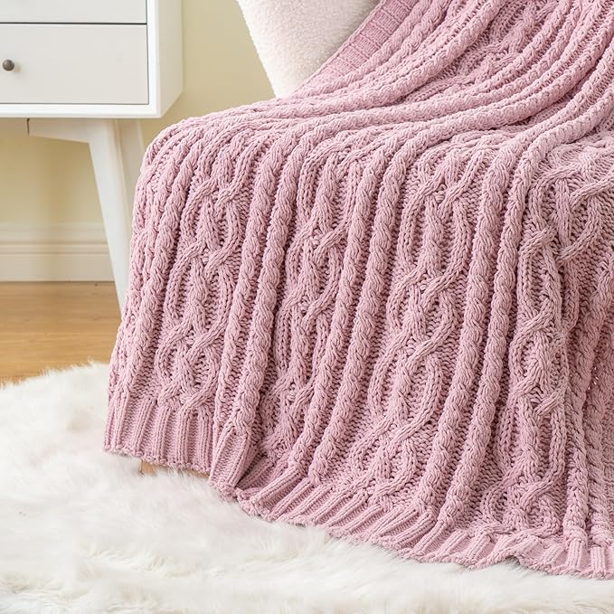 Battilo Pink Throw Blanket for Couch, Cable Knit Blanket, Soft Chenille Throw by BATTILOHOME