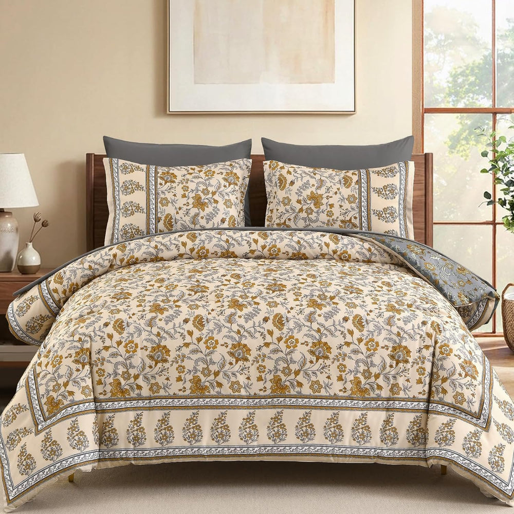 Comforter Set Full Size Boho,Bohemain Beige Bedding Paisley Floral 7 Pieces