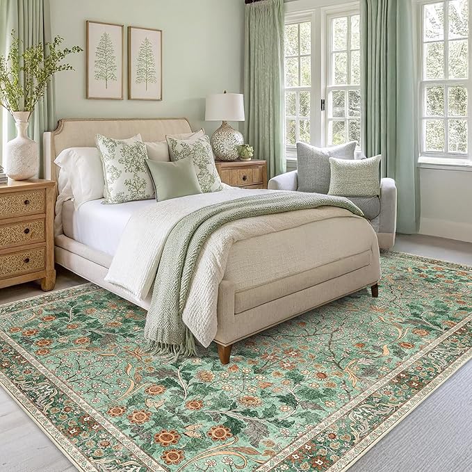 MUJOO Green Washable Rugs 8x10, Floral Area Rug - Image 7