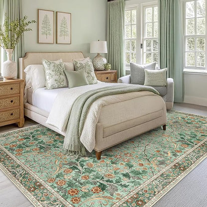 MUJOO Green Washable Rugs 8x10, Floral Area Rug - Image 7