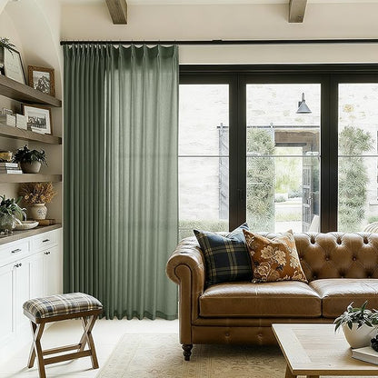 Olive Green Extra Wide Pinch Pleated 100 x 102 Inch Linen Curtains by DUKIYO