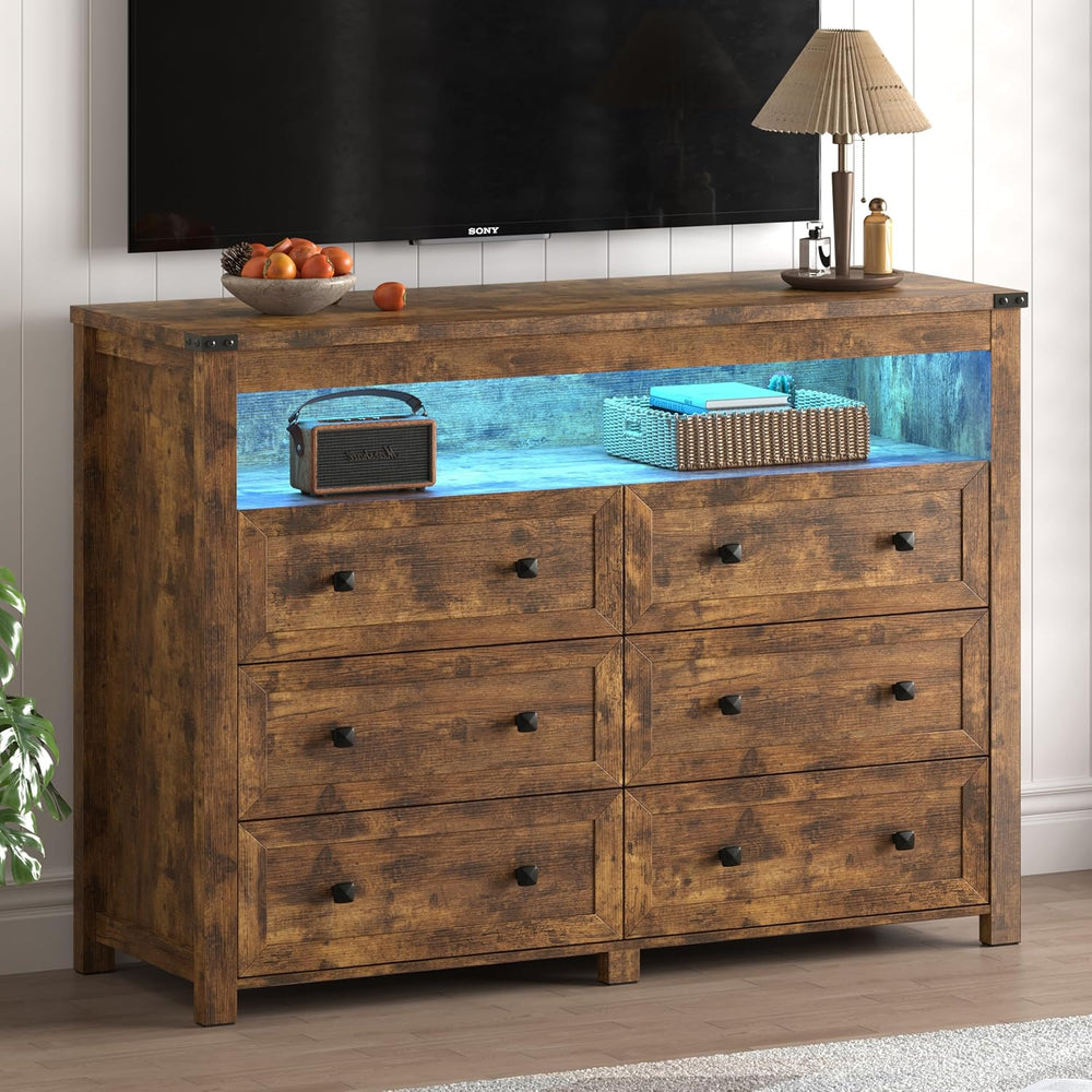 Xixini Dresser for Bedroom with 6 Drawers, LED Lights, Power Outlet, Brown