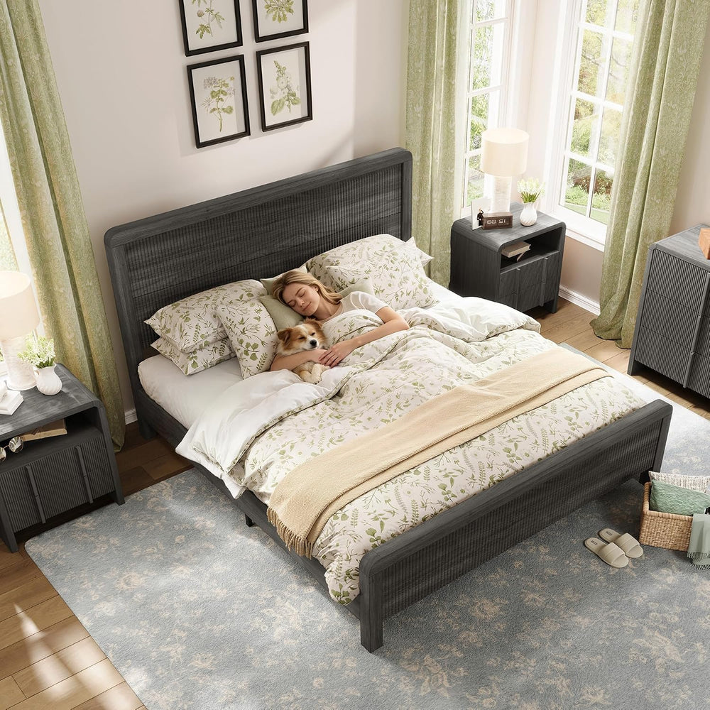 AMERLIFE Wood King Size Bed Frame with Fluted Headboard & Footboard, Black