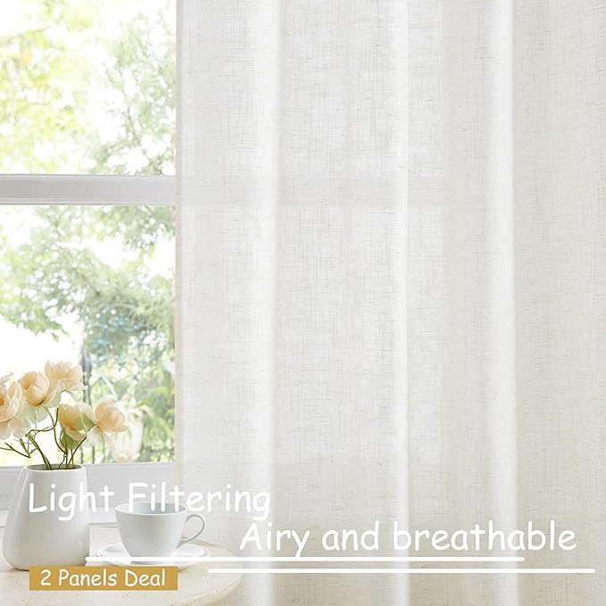 Treatmentex Flax Blend Linen Semi Sheer Curtains 52 x 45 White Light Filtering - Image 4