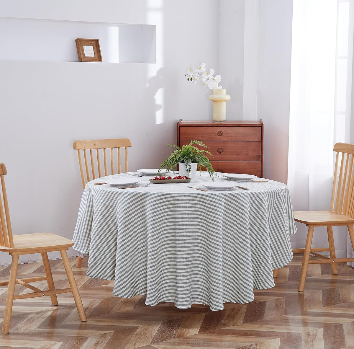 100% Yarn-Dyed Linen Round Tablecloth 70Inches for Dinners, Parties, Easter, Halloween, Camping,Thanksgiving. Machine Washable, 6-8 Seats, 70''(Round), Sage Green Stripe