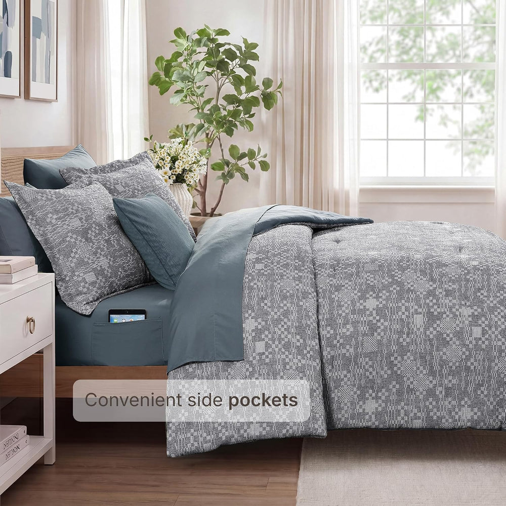 MaiRêve King Size Comforter Set Crinkle Textured Navy Bedding Set 7 Pieces
