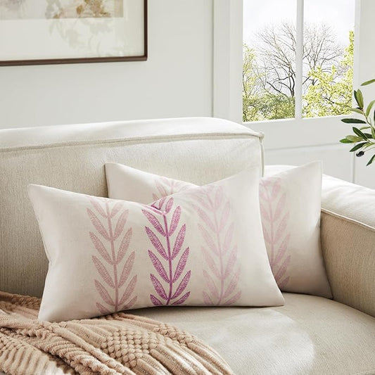 100% Cotton Farmhouse Leaves Lumbar Throw Pillow Covers Set of 2, 12x20 Inch by Unknown