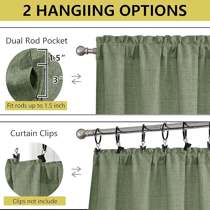 Sage Green Kitchen Curtains 24 Inch Length 2 Panels, Light Filtering Faux Linen - Image 4