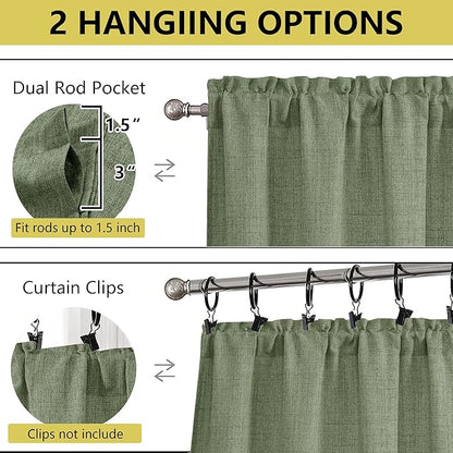 Sage Green Kitchen Curtains 24 Inch Length 2 Panels, Light Filtering Faux Linen - Image 4