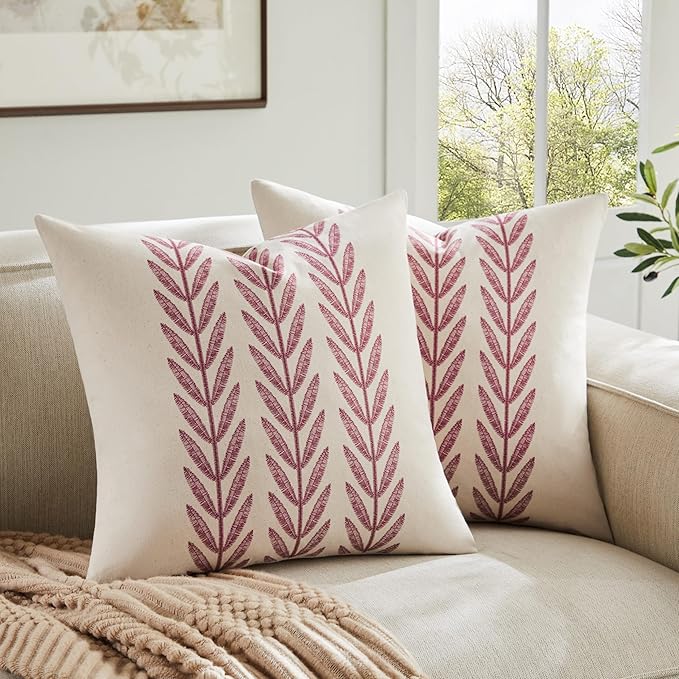 100% Cotton Farmhouse Leaves Throw Pillow Covers Set of 2, 22x22 Inch Burgundy by Unknown