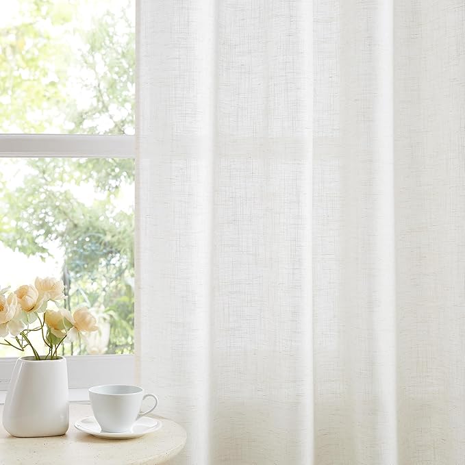 White Semi Sheer Curtains for Living Room 52 x 95 Long Drapes, Flax Linen Blend - Image 9